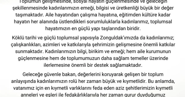 Vali Osman Hacıbektaşoğlu ndan 8 Mart mesajı: Kadınlarımız toplumsal hayatın en güçlü yapı taşlarıdır Zonguldak Haberleri