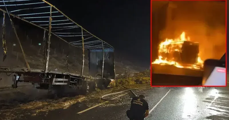 Kuzey Marmara Otoyolu’nda saman yüklü TIR ın dorsesi alev alev yandı