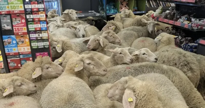 Meraklı koyunlar marketi bastı: Ortalık savaş alanına döndü