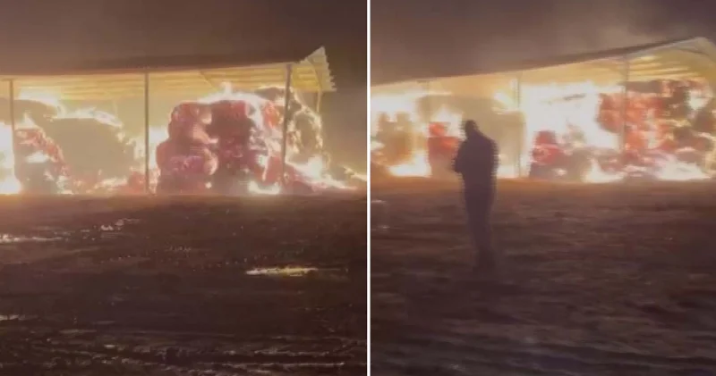 Unutulan ateşin közünden sıçrayan kıvılcımlar çiftlikteki saman balyalarını yaktı Konya Haberleri