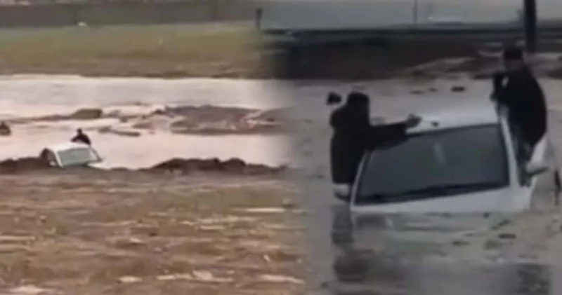 Sağanağın ardından oluşan gölette mahsur kaldılar! Yardıma itfaiye koştu