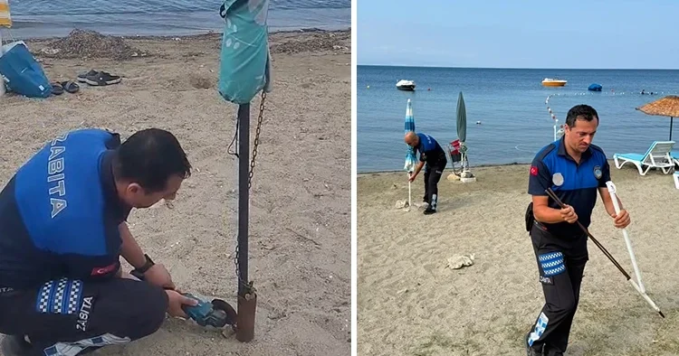 Halk plajındaki zincirli şezlonglara zabıta müdahalesi