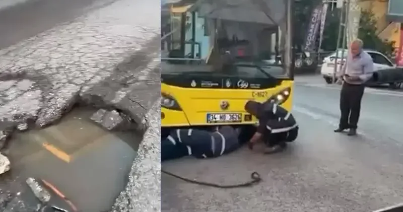 Maltepe’de asfalt çöktü; İETT otobüsü çukura düştü