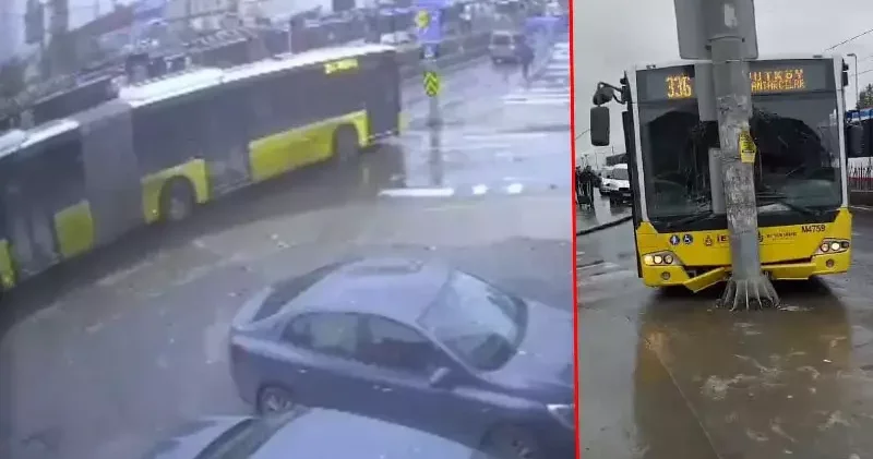 Sultangazi de İETT otobüsü yola dökülen akaryakıt nedeniyle kayarak direğe çarptı