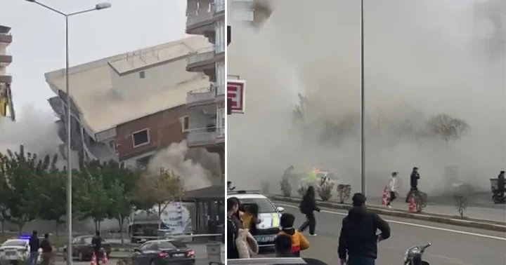 Gaziantep te panik anları! Ağır hasarlı bina yıkım sırasında korna sesiyle yıkıldı