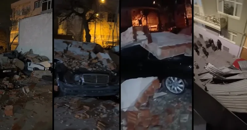 Bursa da şiddetli fırtına park halindeki kamyoneti sürükledi: Devrilen duvar araçlara zarar verdi