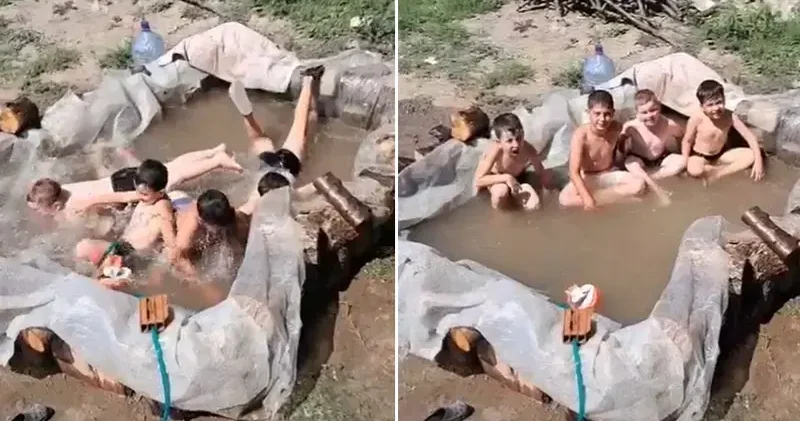 Çocuklar naylondan yaptıkları havuzda serinledi