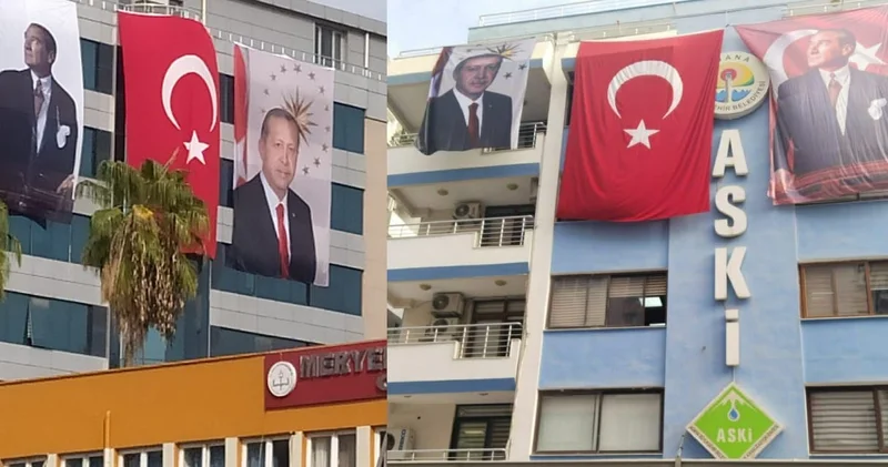 Adana da Büyükşehir binasında Atatürk ile beraber Erdoğan posteri!