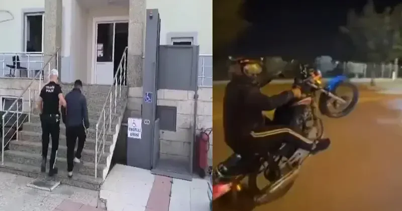 Plakasını kapattığı motosiklet ile tek teker üzerinde ilerleyen sürücünün ehliyeti iptal edildi