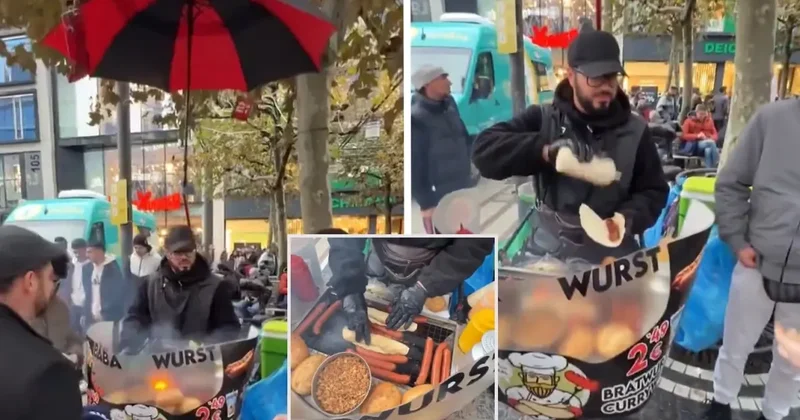 Frankfurt ta mobil sosisli satıcısı viral oldu: Taşınabilir ızgarası ve dev şemsiyesiyle dikkat çekti