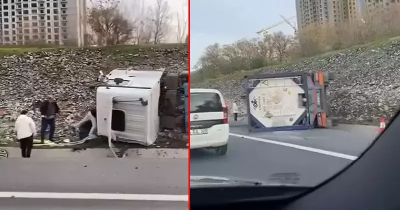 Esenyurt TEM Otoyolu nda tanker devrildi
