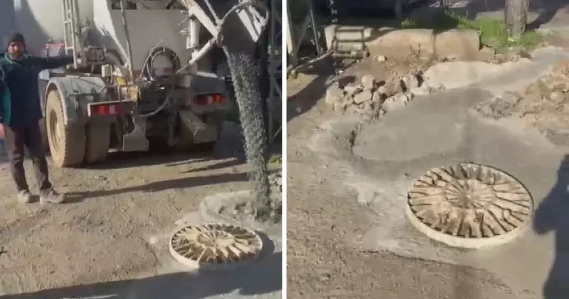 Vatandaşın tepkisine aldırış etmedi, kanalizasyona beton döktü