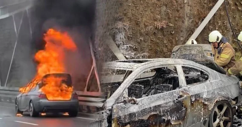 Otomobil caddenin ortasında alev alev yandı: Geriye demir yığını kaldı