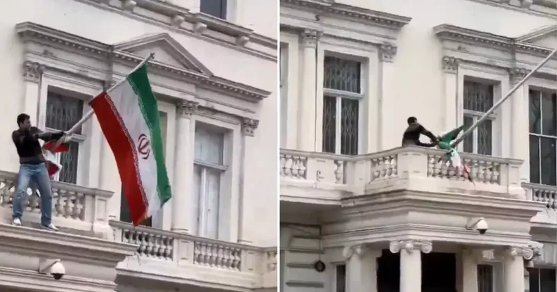 Londra daki İran Büyükelçiliği ne tırmanan protestocu devrim öncesi İran bayrağını astı