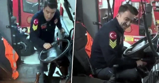 İtfaiyenin baş şoförüne yapılan sürpriz korkuttu: ‘Anam anam benim evim’