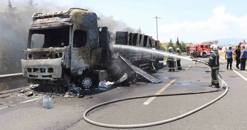 Beyaz eşya yüklü tırda çıkan yangın tahıl tarlalarına sıçradı
