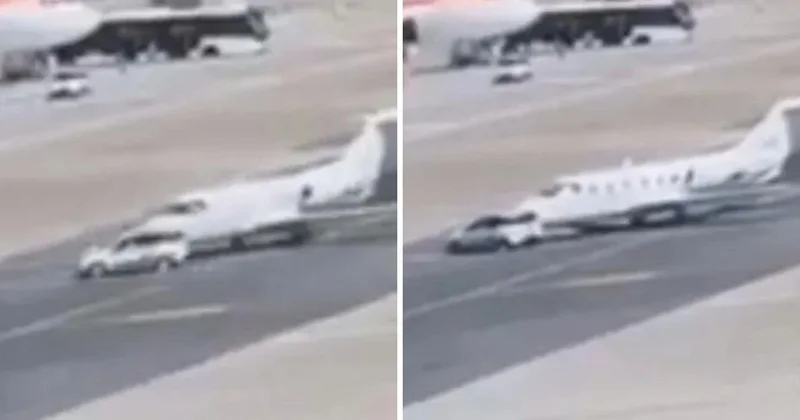 Havalimanında korku dolu anlar: Otomobil pistteki özel uçağa çarptı!