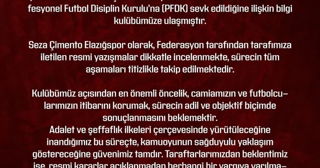 Elazığspor: Gelişmeler kulübümüz tarafından izlenmekte Elazığ Haberleri