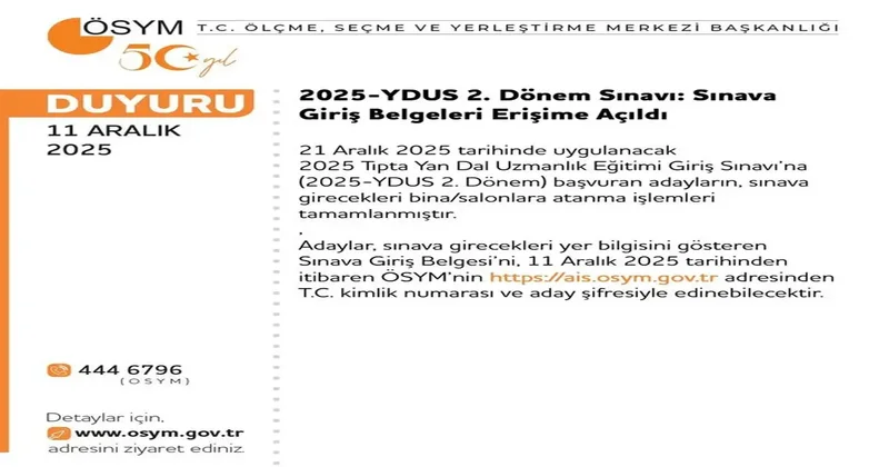 2025 YDUS 2.Dönem Sınava Giriş Belgesi Öğrenme Sayfası! ÖSYM duyurdu