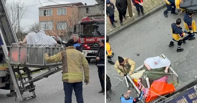 İstanbul da 240 kiloluk obezite hastası evinin 7. katından vinçle indirilerek hastaneye götürüldü Aktüel Haberleri