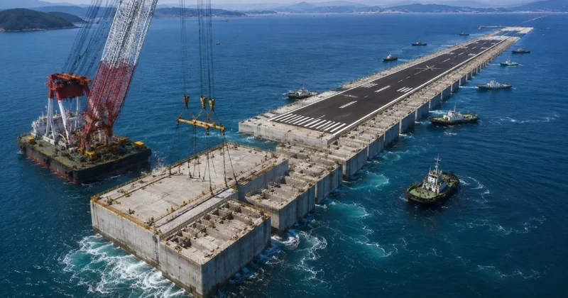 Denizin ortasına havalimanı inşa ediliyor: 16 bin tonluk beton bloklar tek tek suya indirildi Sözcü Gazetesi