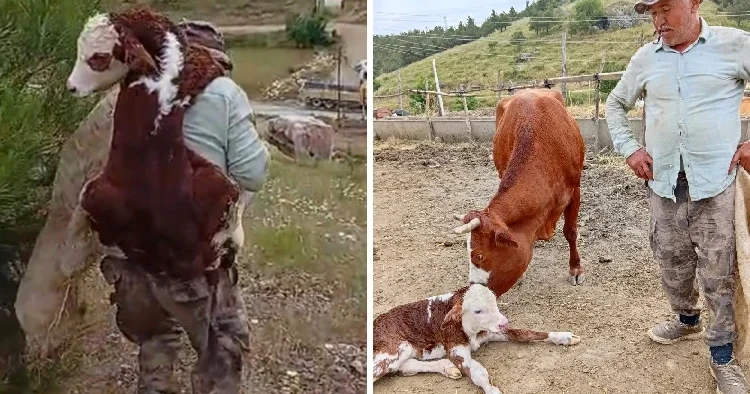 Kayıp ineği bulduğunda muhteşem manzara ile karşılaştı; buzağıyı sırtında taşıdı