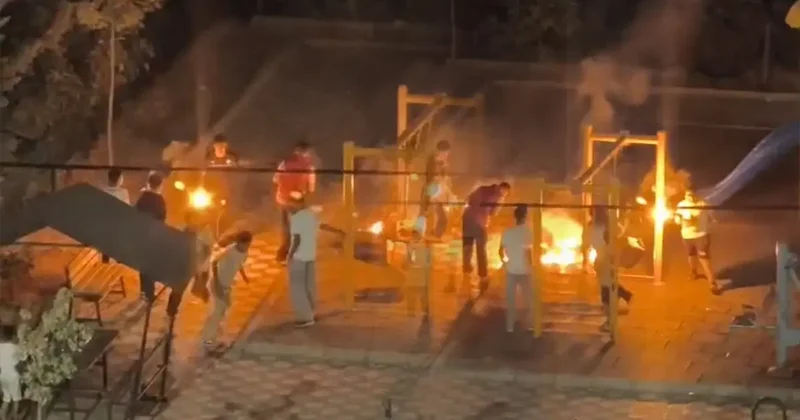 Tutuşturdukları sopalarla parkta çocukları korkuttular!
