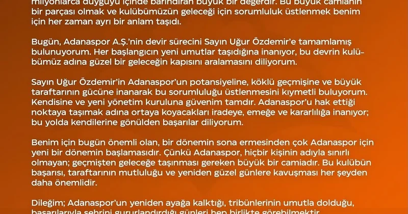 İlk 5 maçını kaybeden Adanaspor, Başkan Göleli tarafından Uğur Özdemir e devredildi