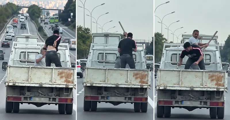D 100’de tehlikeli kavga! Hareket halindeki kamyonetin kasasında yumruklaştılar