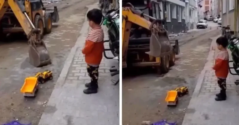 Yürekleri ısıtan görüntüler! Kamyonu ile oynayan çocuğu görünce yaptığına bakın
