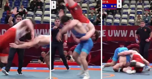 Rus güreşçiden yenilmek üzere olduğu mücadeleyi son saniyede “Uçan sincap” hareketiyle kazandı