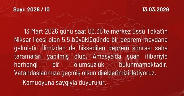 Amasya Valiliği: İlimizden de hissedilen deprem sonrası olumsuzluk bulunmamakta Amasya Haberleri