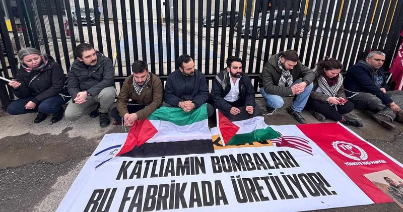 TİP ten İsrail ve ABD ye bomba üreten fabrika önünde eylem: Kendilerini zincirlediler!