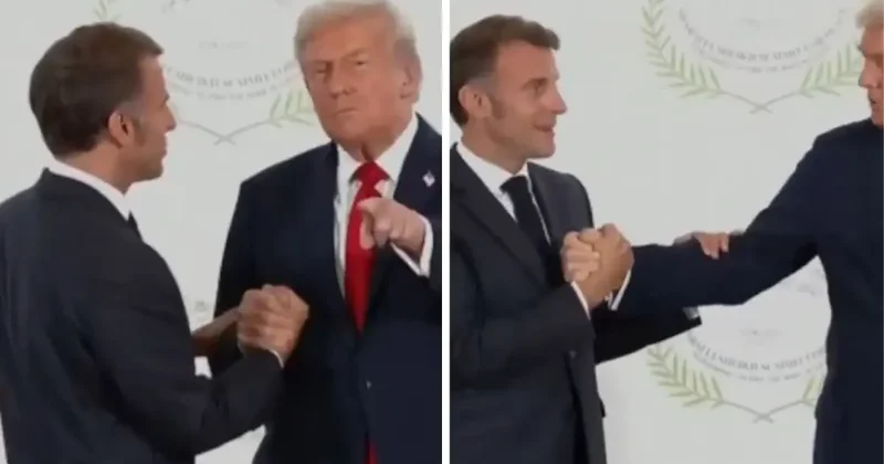 Zirveye damga vuracak görüntüler! Trump ile Macron bilek güreşine tutuştu