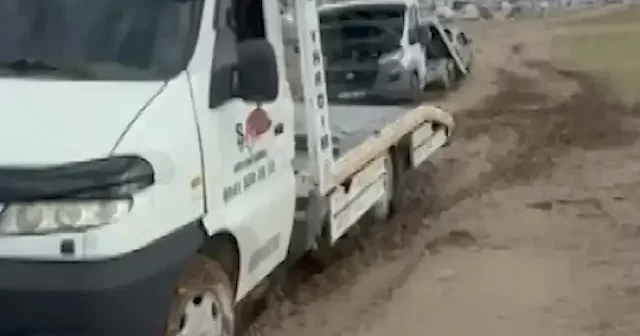 Yol kenarında trajikomik olay: Çamura saplanan çekiciyi çekmeye gelen çekiciler de çamura saplandı VİDEO İZLE
