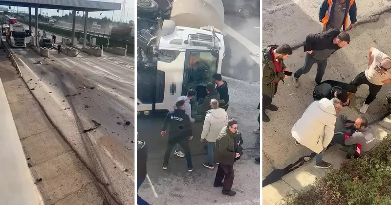 Devrilen beton mikserinin içinde mahsur kalan sürücü balyozla kendini kurtardı