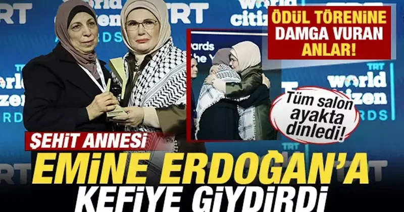 Ödül törenine damga vuran anlar! Şehit annesi Emine Erdoğan a kefiye giydirdi