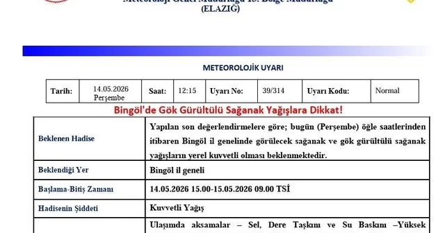 Bingöl için sağanak yağış uyarısı Bingöl Haberleri