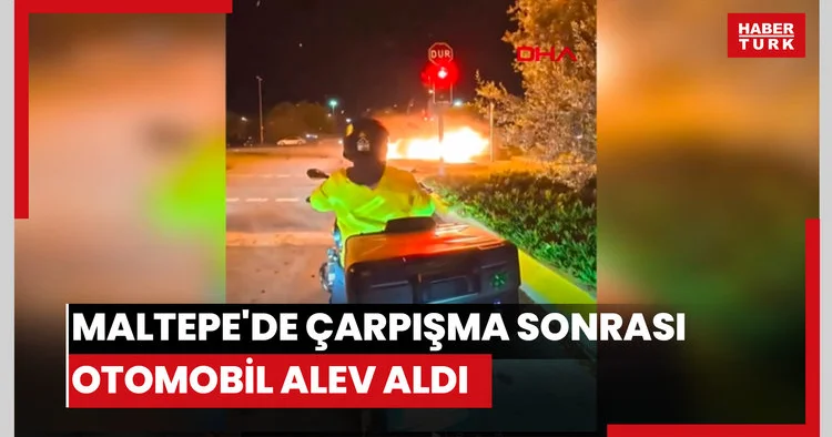 Maltepe de çarpışma sonrası otomobil alev aldı; 3 kişinin yaralandığı kaza kamerada