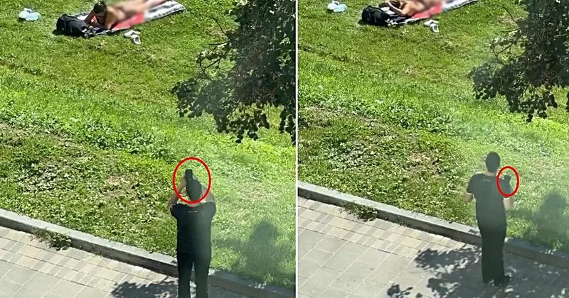 Parkta skandal görüntü! Güneşlenen kadını gizlice fotoğrafladı