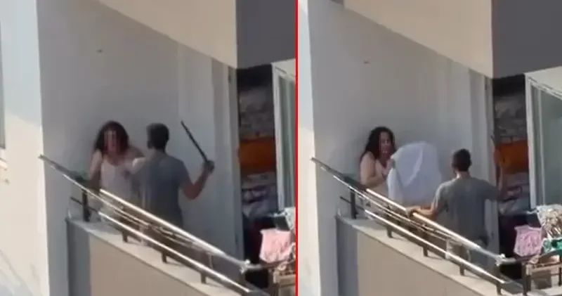 Balkonda tartıştığı kadını sopayla dövdü