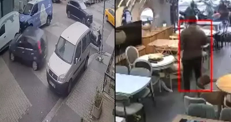 Ataşehir de cipe çarpan otomobil restorandan çıkan müşterilerin arasına daldı; o anlar kamerada