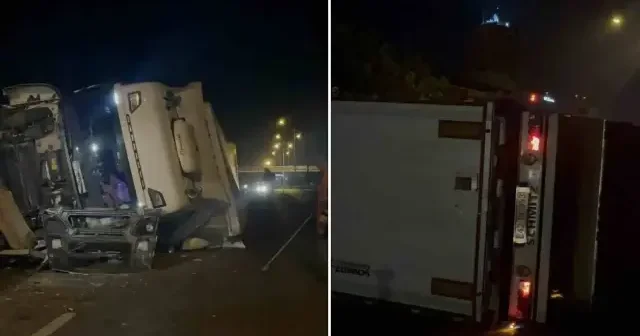 Kontrolden çıkan tır bariyerleri biçtikten sonra yan yatarak durabildi Eskişehir Haberleri