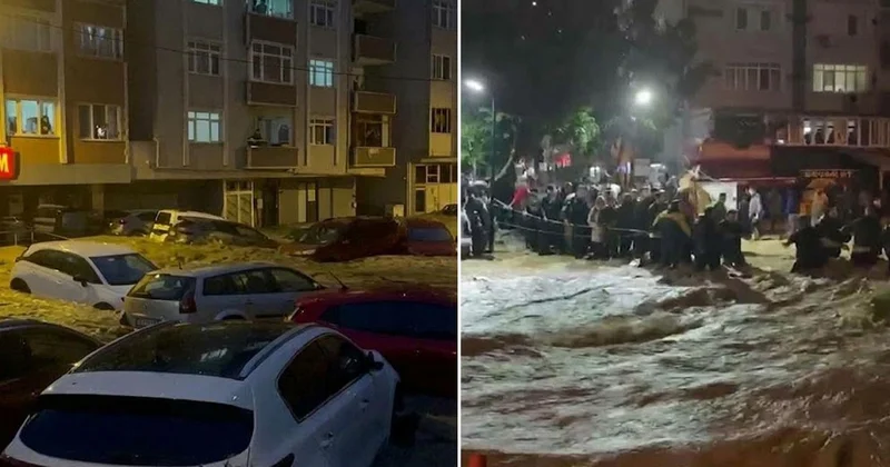 Sarıyer de sağanak yağış sonrası dere taştı, mahsur kalanlar halatlarla kurtarıldı