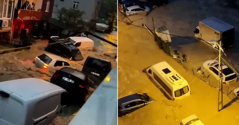 Sarıyer Ayazağa da sel: Otomobiller sürüklendi, üst üste çıktı