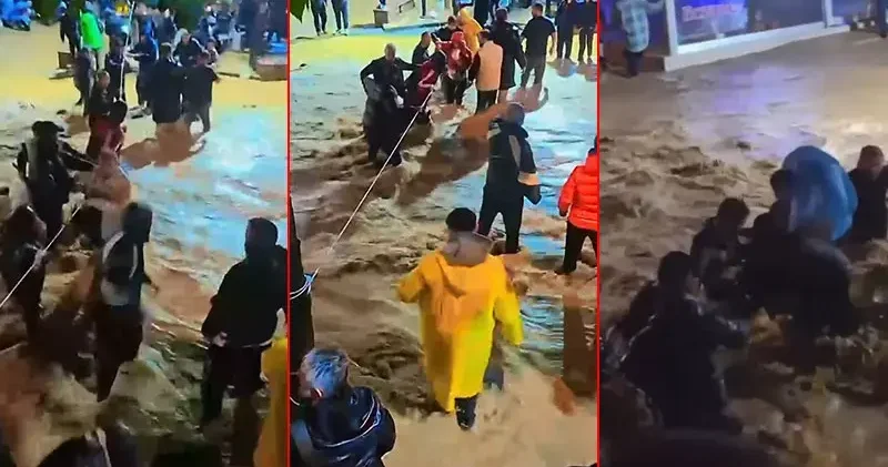 Sarıyer de yollar göle döndü; sokağa halat gerip karşıya geçtiler