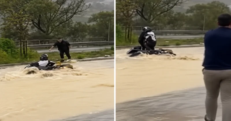 Başakşehir de sel sularına kapılan motosikletliyi vatandaşlar kurtardı