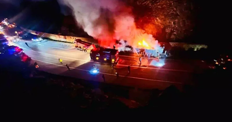 Isınan tekerlek balatalarından çıkan alevler sunta yüklü tırı yaktı