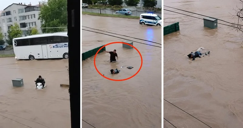 Kırşehir de motosikletiyle sele kapılan yaşlı adamı vatandaşlar kurtardı