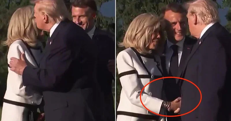 G7 ye damga vuran tokalaşma: Trump Frnasız First Lady nin elini bırakamadı